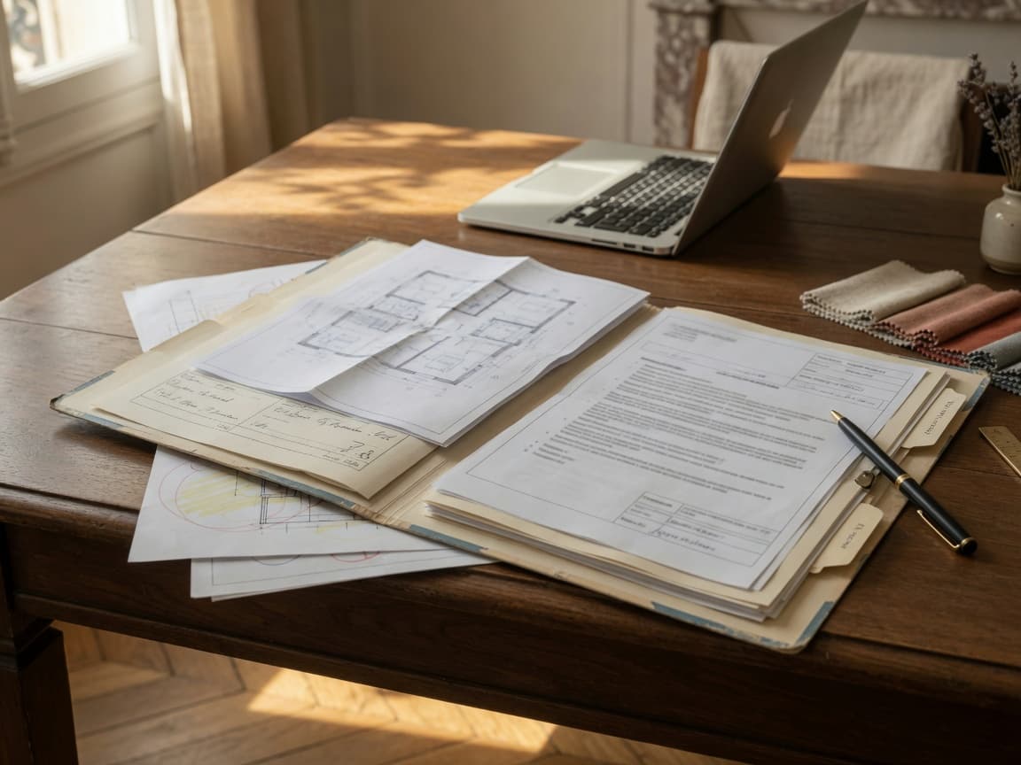 Dossier papier et plans sur un bureau